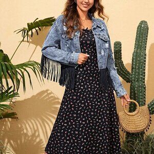 Multicolor Casual Womens Fringe Trim Denim Jacket